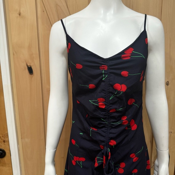 Aqua Cherry print Midi Blue Dress Size Small Red Blue Ruffle Clinch front Dress - Picture 6 of 16